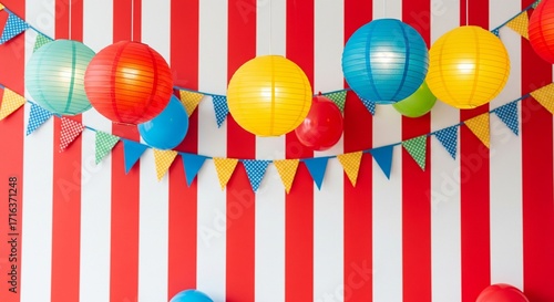 Colorful paper lanterns and bunting Festive party decoration Hanging decor Red and white stripes background