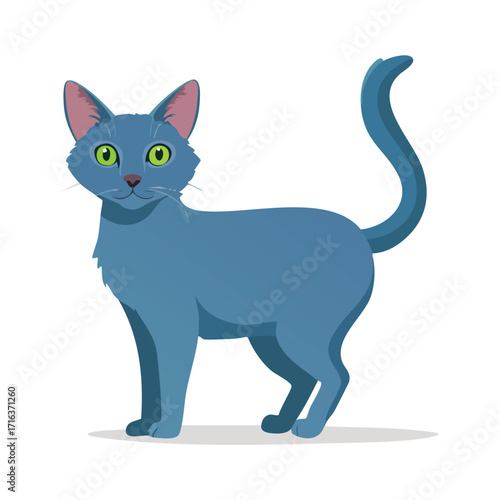 Adorable Russian Blue cat with sleek gray-blue fur, cute wide eyes, standing