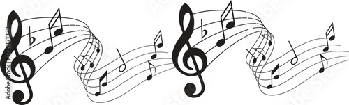 Wave of flowing music notes with treble clef, seamless melody design for musical backgrounds, banners, or creative projects. Perfect for illustrating harmony