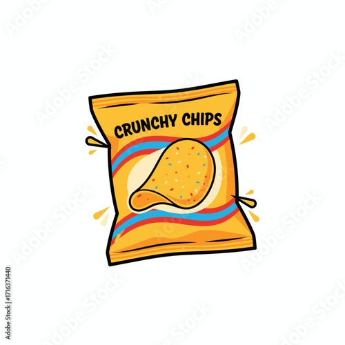 A cartoon illustration of a yellow bag of Crunchy Chips, a delicious and savory potato snack.