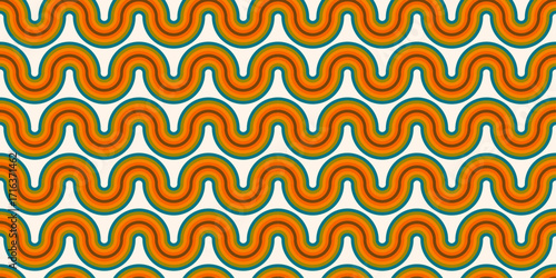 Seamless retro pattern with wavy orange and green lines forming a geometric flow. Vintage 70s inspired background, perfect for textile, wallpaper, wrapping paper, and stylish decorative surfaces.