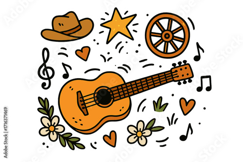 Country music festival vector illustration. Hand-drawn cartoon doodle with guitar, cowboy hat, and wagon wheel. Western folk acoustic concert or party design element set.