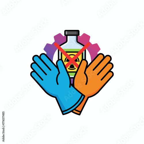 Icon illustrating chemical hazard safety, with protective gloves and a symbol for avoiding dangerous substances.