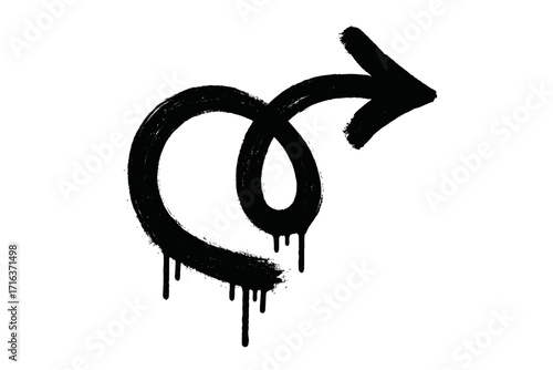 Hand drawn spray graffiti vector swirl arrow. Curved shape with loop in urban street art style. Grunge bold icon with drips and dry brush texture. Dirty design element.