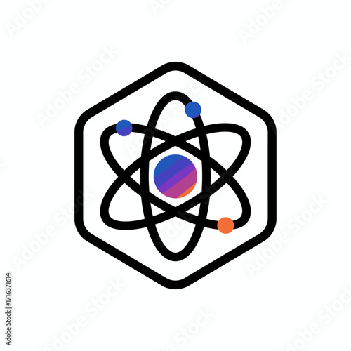 A modern science icon of an atom symbol with a gradient nucleus and electrons, enclosed in a black hexagon.
