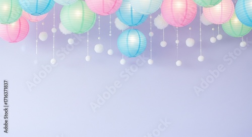 Paper lanterns and pom poms decoration Pastel color scheme Festive decor Hanging ornaments Light background