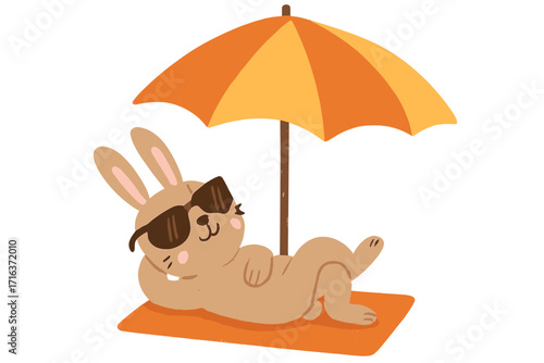 Rabbit in sunglasses sunbathing under a sun umbrella. Cute hand drawn flat vector animal character. Summer vacation holiday concept. Funny bunny relaxing on beach. Cartoon.