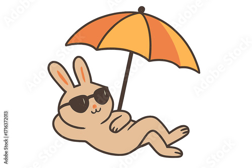 Cute cartoon rabbit in sunglasses sunbathing under a beach umbrella. Summer vacation concept. Funny animal character relaxing. Flat vector hand drawn illustration isolated on white.