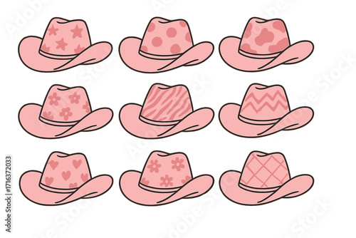 Retro pink cowgirl hats collection with various patterns like stars, flowers, and hearts. Cute Howdy Cowboy western theme for bachelorette party. Hand drawn vector set.