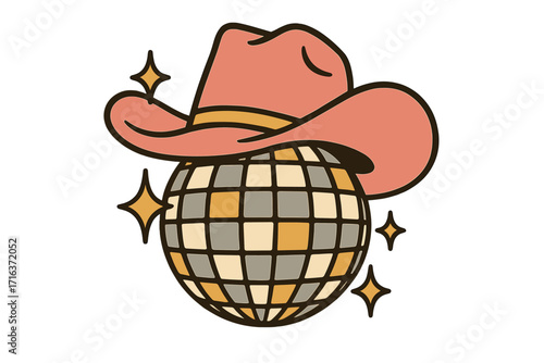 Retro pink cowgirl hat on a groovy disco ball. Sparkly disco cowboy concept for a western party. Wild west and country music vibes with a vintage 70s aesthetic vector.