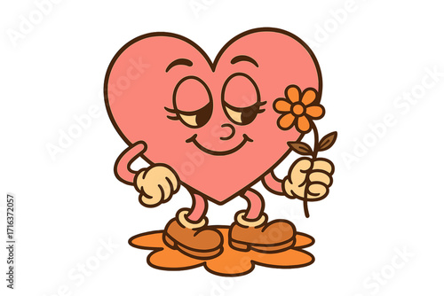 Retro groovy big pink heart character mascot holding orange flower, 70s vintage style Valentine’s Day love symbol, romantic card, poster, print vector illustration