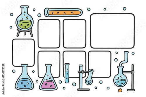 School Weekly Planner Template with Chemical Laboratory Flasks and Test Tubes, Hand Drawn Vector Design with Copy Space, Student Timetable Organizer for Science Classes and Study Schedule