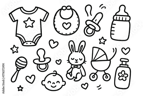 Baby care doodle icon set. Hand drawn newborn essentials collection for baby shower. Cute cartoon vector line art for parenting. Includes pacifier, bottle, toy, clothing.
