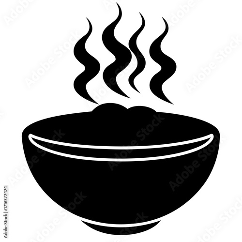 Black silhouette of steaming bowl of food black and white