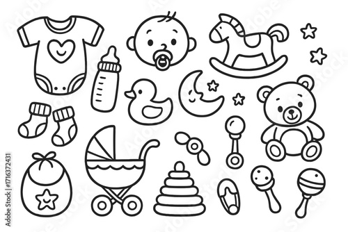 Baby shower doodle icon set. Cute newborn essentials collection with stroller, teddy bear, bottle, and clothes. Hand-drawn vector cartoon illustrations for new parents.
