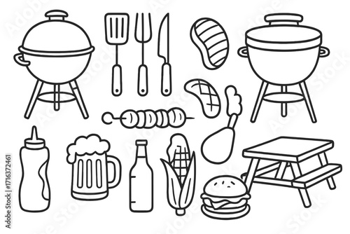 BBQ grill elements icon set. Barbecue food, utensils, drink and outdoor picnic essentials. Line art cartoon vector of steak, burger, beer, kebab for summer cookout party.