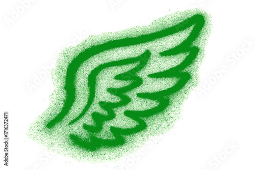 Urban green graffiti wing spray paint art, sprayed grunge street art element isolated on white background, textured vector illustration, cartoon style wing stencil design