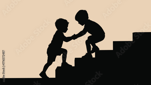 Children's silhouette helping each other climb stairs symbolizing teamwork and support for a brighter future.