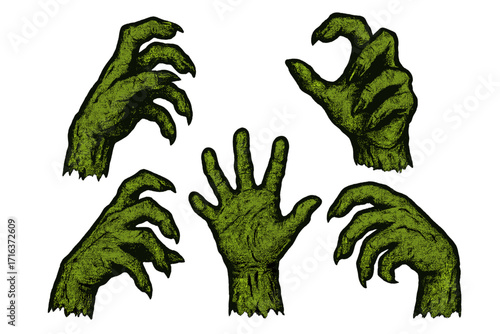 Trendy Y2K halftone zombie hands set, rough grunge monster claw vector illustration, curved Halloween horror hands collection, paper cutout collage design, retro spooky celebration art