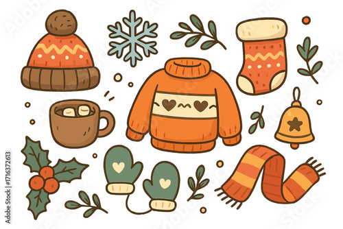 Cozy winter doodle set with warm clothes & Christmas items. Vector cartoon collection of sweater, hat, mittens, hot chocolate, holly & snowflake for festive holiday design.