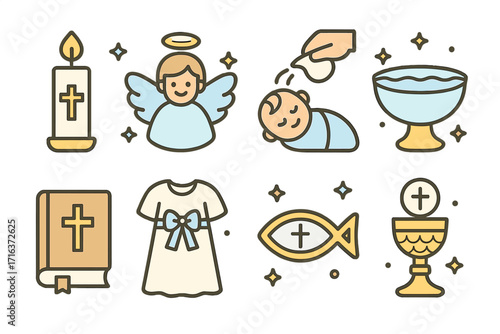 Christening ceremony icon set. Baptism day religious symbols. Baby shower and catholic church sacrament vector illustration. Flat linear design for invitation or greeting card.