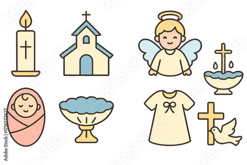 Christening ceremony icon set. Baptism symbols for religious rituals. Vector flat line illustration. Holy water, church, angel, dove, cross, baby. Newborn celebration graphics.