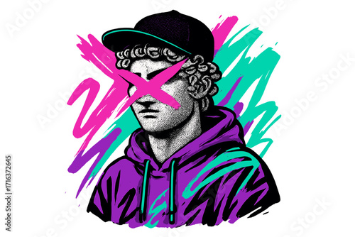Urban street style vaporwave ancient Greek statue with graffiti abstract strokes, anti-establishment hipster graphic vector print for t-shirt design, modern marble halftone art