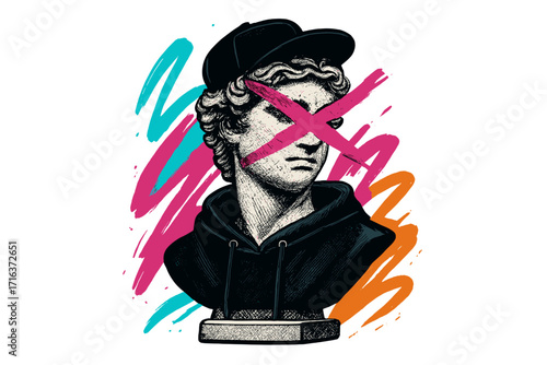 Urban street style vaporwave Greek statue bust with graffiti, abstract colorful paint strokes, anti-establishment hipster design, marble halftone texture vector print for t-shirt