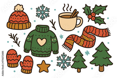 Cozy winter doodles set. Hand drawn cartoon vector illustration collection with festive Christmas elements. Hygge apparel, hot chocolate, snowflake, holly and fir tree.