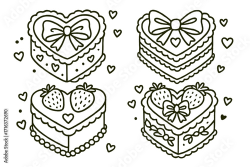Vintage heart-shaped cakes set with coquette bows, strawberries, hearts, retro doodle sweets, hand-drawn outline vector, cartoon dessert illustrations, romantic bakery treats