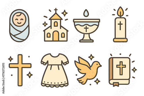 Christening ceremony icon set for baptism and religious rituals. Flat linear vector symbols of baby, church, holy water font, candle, cross, bible, gown and dove. Faith.
