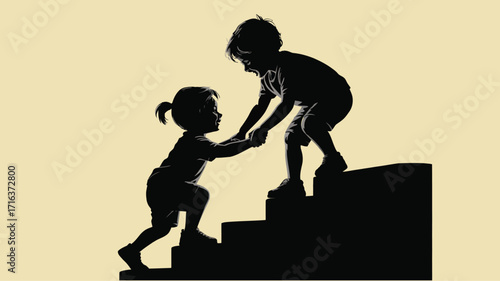 Joyful siblings helping each other climb stairs symbolizing teamwork and support