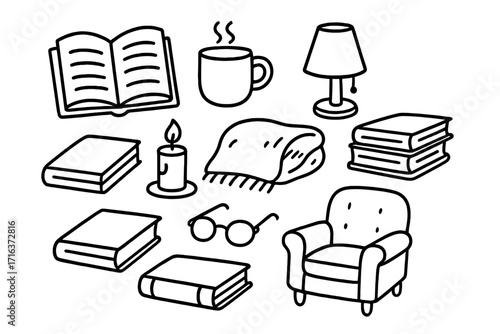 Cozy reading doodle set. Hand drawn vector cartoon collection of books, tea cup, glasses, and hygge elements. Literature and education icon pack for book lovers and hobby. Isolated.