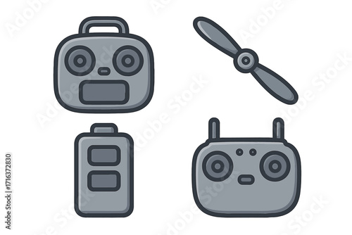 Drone accessory icons set with remote controller, propeller, battery, and joystick. Vector cartoon illustration of isolated UAV equipment and quadcopter parts collection.