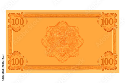 Orange voucher template with 100 denomination, intricate guilloche pattern, decorative border design, banknote style gift certificate, diploma, money coupon, currency note background