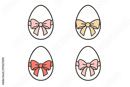 Coquette Easter eggs set with cute ribbon bows. Girly aesthetic spring holiday collection. Hand drawn flat cartoon vector illustration for festive decoration and design.