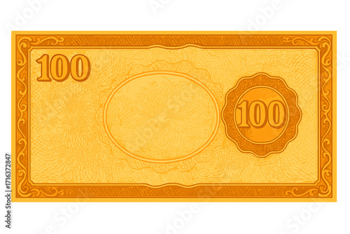 Orange banknote voucher template with 100 denomination, guilloche pattern, watermarks, decorative border, currency design, gift certificate, coupon background, money illustration
