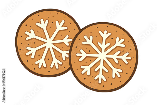 Two round gingerbread cookies with white snowflake icing decoration, festive Christmas dessert vector illustration, isolated flat hand-drawn sweet treat, winter holiday baking design