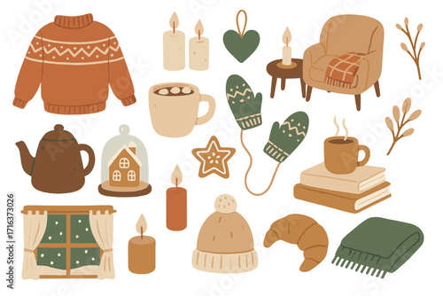 Cozy winter hygge clipart set with warm home elements, flat hand-drawn illustrations for stickers, logos, cards, posters, wrapping, scrapbooking, and patterns