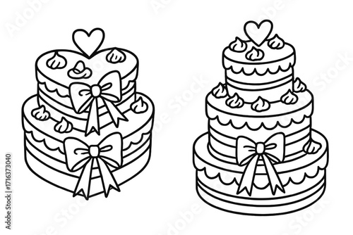 Vintage tiered cakes set with coquette bows. Heart shape & round wedding or birthday cakes with cream. Hand drawn linear doodle vector illustration for Valentine's day dessert.