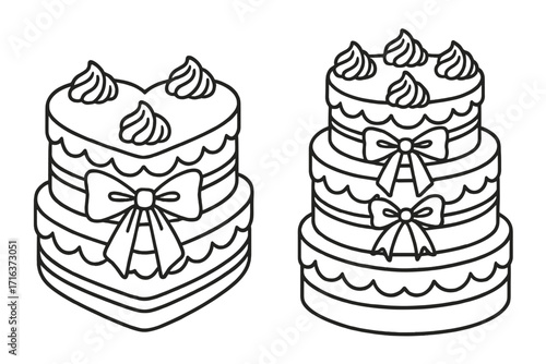 Vintage coquette cakes with bows. Heart shape & round multi-tiered dessert set for Valentine's day, wedding, birthday. Hand drawn linear doodle pastry illustration.