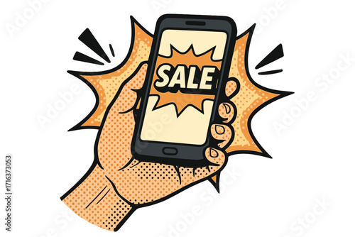Pop art comic illustration of hand holding a phone with a sale promotion. Halftone vector for online shopping, mobile marketing, discount advertising, and special offers.