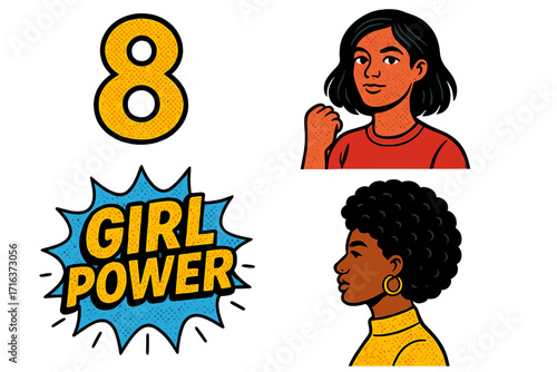 March 8 International Women's Day vector pack. Girl Power comic halftone art. Diverse women portraits. Feminist empowerment concept. Female strength, rights and solidarity symbols.