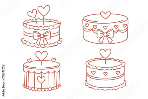 Vintage Coquette Cakes Set Outline Clipart, Hand Drawn Line Art with Hearts, Bows, Romantic Wedding Birthday Sweet Cakes, Pink Valentine's Day Vector Design