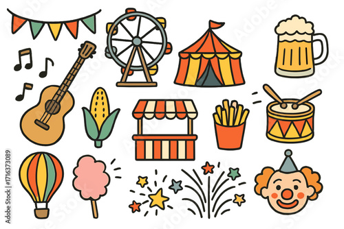 Festival icon set, carnival and funfair vector elements. Hand-drawn amusement park collection with circus tent, ferris wheel, guitar, hot air balloon, food and music.