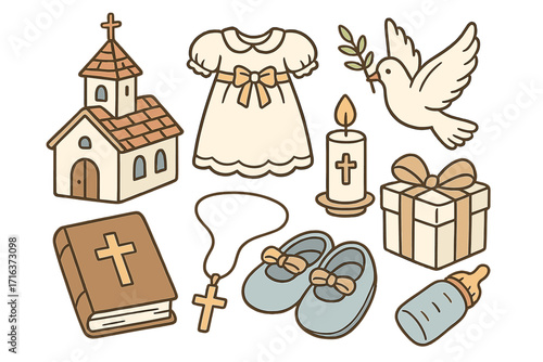Hand-drawn christening symbols collection. Vector cartoon illustration of religious baby baptism elements. Set with church, dove, Bible, cross, candle, and gifts for invitation.