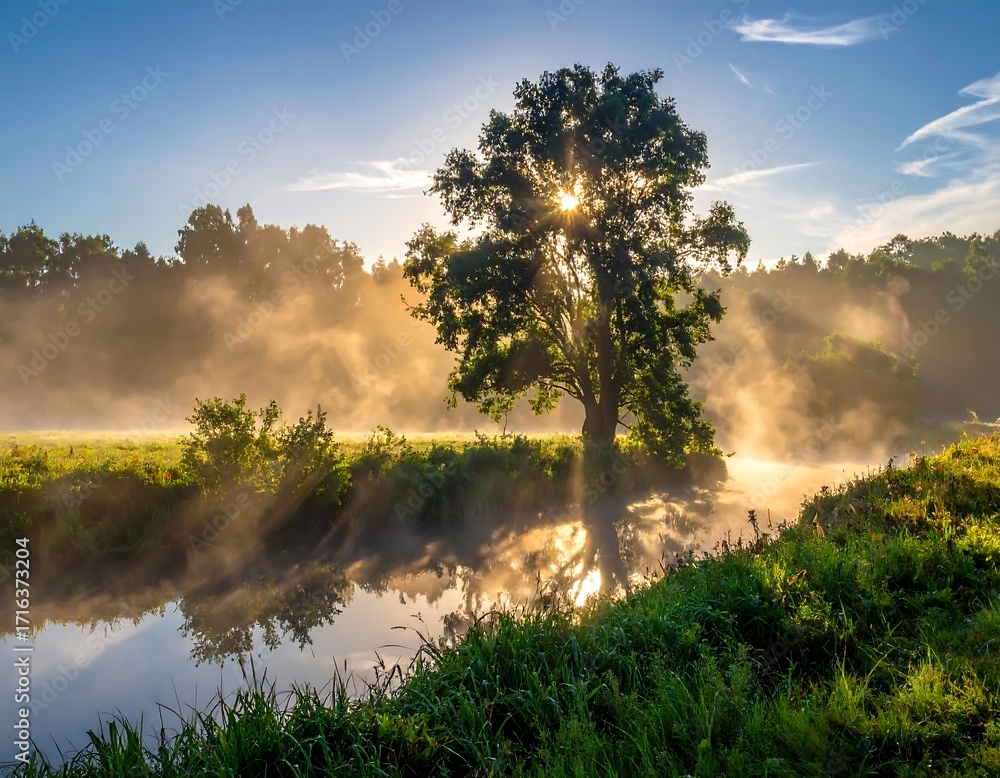 Obraz premium Sunrise over a misty river