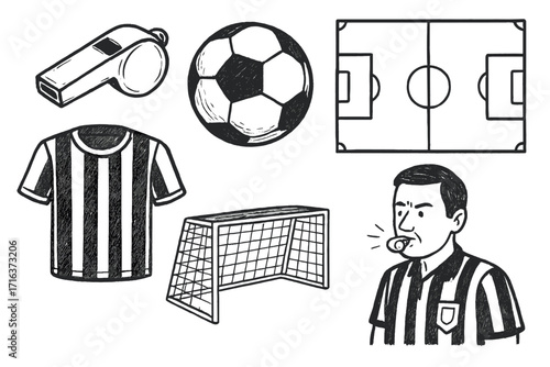 Soccer elements doodle set. Hand drawn football sport collection. Vector illustration of a referee, whistle, ball, goal, field, and jersey. Game match championship icons.