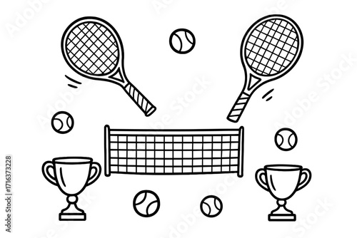 Hand drawn tennis elements collection. Doodle vector icons with rackets, balls, net, and championship trophies. Sports competition and game equipment set. Cartoon illustration.