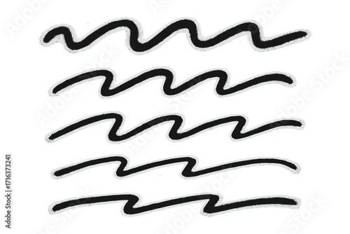 Hand drawn spray paint line set. Graffiti squiggle, wavy smear, and strikethrough strokes. Doodle style sketchy vector elements. Grunge texture marker or charcoal abstract design.